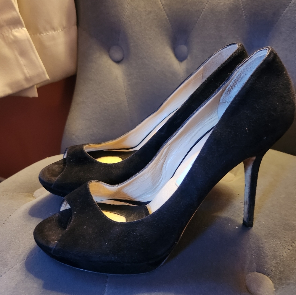 Jimmy Choo, size 81/2, Black suede platform peeptoe pumps